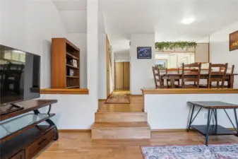 View from living room to dining area and kitchen