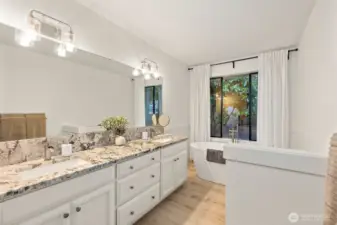 Expansive Vanity w/ Dual Sinks, Large Black Framed Window Offers Lots of Natural Light!