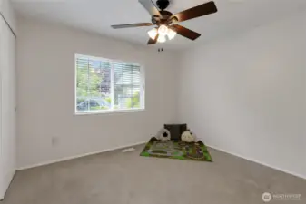 Third bedroom, ceiling fan, wall to wall closet