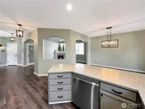 Kitchen looking towards living room- great room concept with a little separation