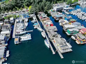 From above, Boatworld Marina stretches along Westlake’s shoreline, a vibrant mix of yachts, floating homes, and city-meets-water living — with the S.S. Guppy at the heart of it all.