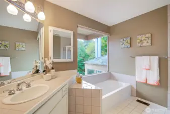 Primary bath with soaking tub and shower, and views!