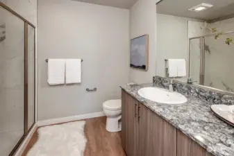 The luxurious guest bathroom includes a large-format ceramic tile shower and an expansive vanity with a full-length mirror.