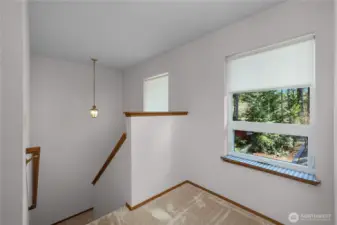 Stairs leading you upstairs.  Window looks to the street side.