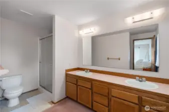 Primary bathroom with walk in shower and lots of cabinetry.