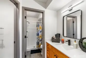 Vanity and separate area for shower and toilet.