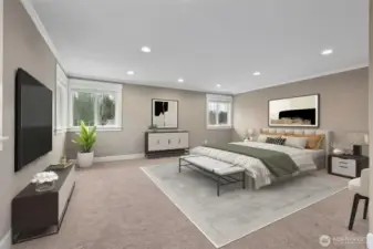 This primary suite is on a whole different scale. Measuring roughly 20 by 26, it feels more like a private retreat than a bedroom. Four windows flood the space with natural light, including a corner window moment that creates a panoramic view outside and makes the room feel even bigger. Muslin toned walls, wide white trim, and neutral carpeting keep the look calm and timeless. The TV and wall mount are included with the home, note that the virtually staged image shows a different TV than the one that stays, but the real setup is already in place and ready to go.