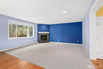 Large open concept family with gas fireplace