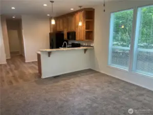 Living room looking into the kitchen.