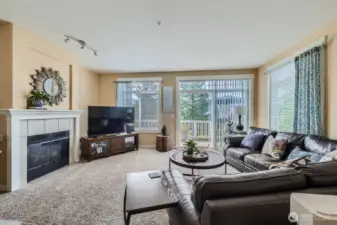 Gas fireplace w/mantle, accent lighting. Newer 2" vertical blinds.