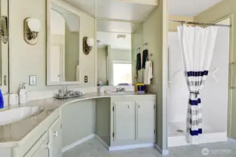 Private 5-piece bath off the primary bedroom. Separate sink and vanities plus a makeup area. Newer step in shower for your convenience.