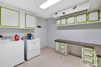 HUGE utility room. Counters for folding laundry. Space for chair and the sewing machine for all the mending etc. Room for freezer in corner. Broom closet for vacuums, swifter's etc.