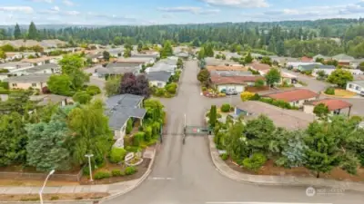 Aerial view of the gated entrance into Heather Hills.