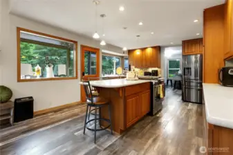 Large oversized island in the kitchen with entrance to the built in bar!