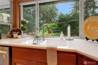 Kitchen sink with a view of the backyard through the large bay window.
