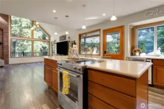 Oversized island with a build in stove an range.
