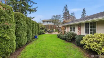 Enjoy a fully fenced backyard with manicured lawn and privacy hedging.