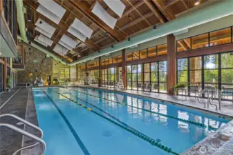 Suncadia Rec Center with indoor and outdoor pool, hottub, workout room, store for shopping and water slides. This pool open year round