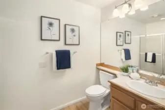 Hall bath with bath tub.