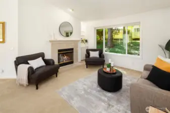 Lovely gas fire place with built in display and storage cabinet.