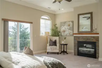 Gas fireplace and deck.