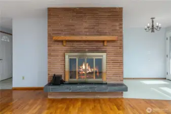 Brick fireplace is a statement piece!