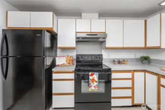 Efficient kitchen has a lot of cabinets and enough counters for your cooking needs.