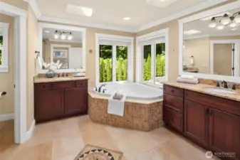 Luxurious master spa bath features an extra-large jetted tub and tiled  shower, heated travertine floor, two skylights.