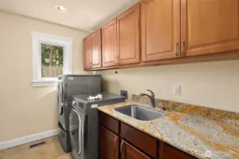 Slab granite countertop and SS sink in laundry room upstairs - Dual washers and dryer stay.