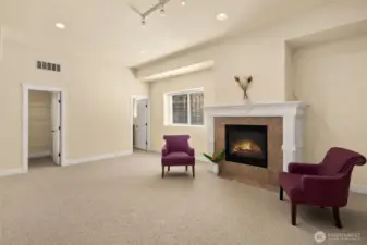 Generous flex space in the light-filled daylight basement, featuring a third gas fireplace, large storage room, and a full bath—perfect for hosting guests, entertaining or gym, or versatile living!
