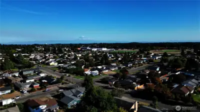 awesome drone from alley showing Mt Rainier view, the Mt is breathtaking...