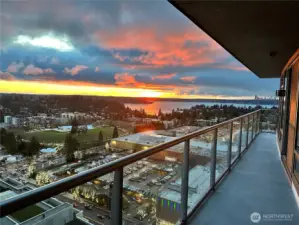 You have your own private, covered viewing area to enjoy  spectacular sunsets over Lake Washington (and sunrises the other direction).