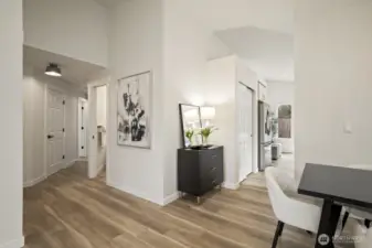 Expansive vaulted ceilings create an airy, open feel