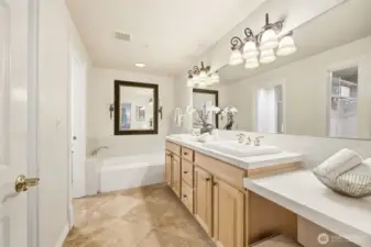 Primary bath with a vanity counter and luxurious bath.