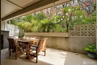 Rare, beautiful outdoor oasis! Enjoy al fresco dining, container gardening, or take a WFH meeting on your spacious patio.
