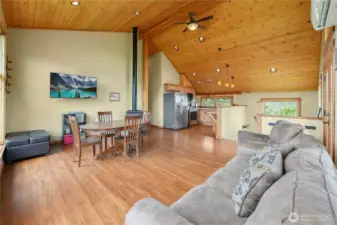 Freestanding wood stove adds cozy ambiance and efficient heating