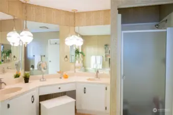 Master bath double sink vanity and shower.