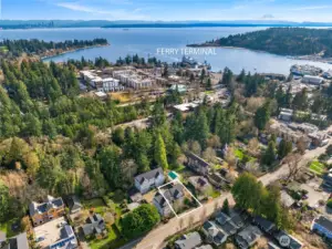 View from above shows proximity to the ferry terminal with Puget Sound, Seattle and Mt. Rainier in the distance (property boundaries are approximate).