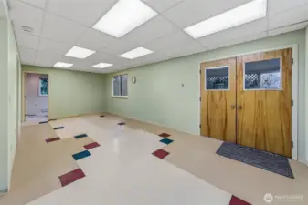 Double doors open to covered patio