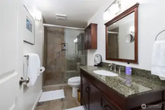 The lower level primary bath, off the large bedroom suite, has been handsomely remodeled with glass doors, tiled shower, granite vanity countertops, and more.