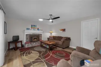 Ceiling fan added and fireplace for the winter.