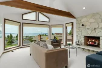 Sunken Living room with fireplace