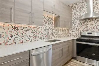 Beautiful Quartz countertops, lots of counter space, gas cooking.