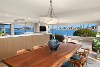Open floor dining & living room with huge kitchen and amazing view on 3 sides
