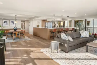 Living & dining room with huge chef's kitchen