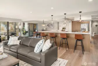 Living & dining room with huge chef's kitchen