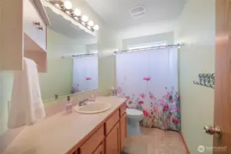 2nd bathroom upstairs is so pretty and has a fabulous amount of cabinet and counter space!
