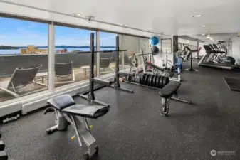This large exercise room overlooks the bay.