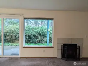 Tile surround on fireplace.