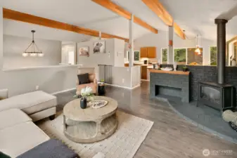 Beautiful wood beams throughout the living room.